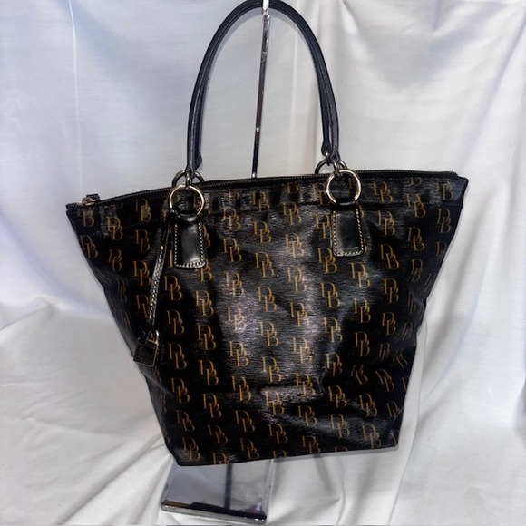 Dooney & Bourke Black Patent Leather DB Monogram Tote Bag - Picture 2 of 11